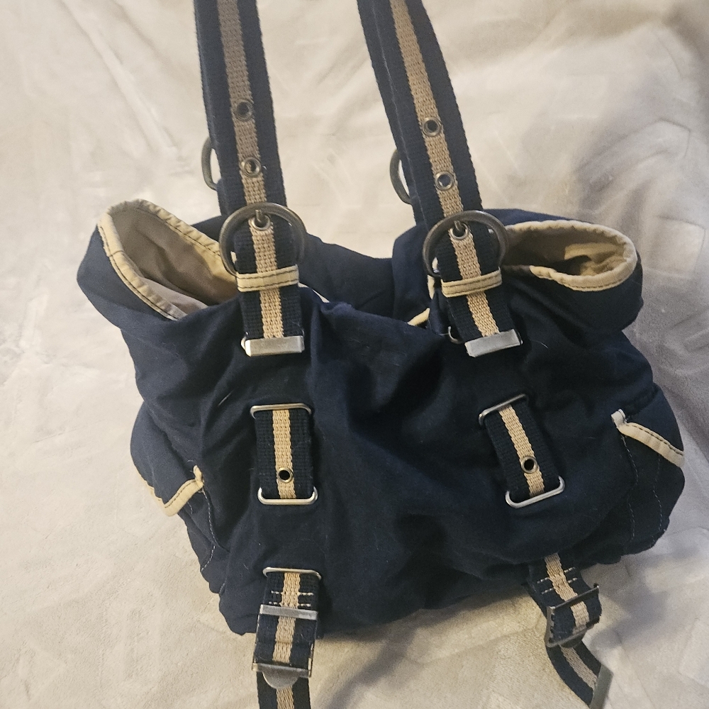 Y2K OLD Navy Bag Purse Navy Blue Ripstop Canvas grommet handles Grunge Gorpcore - Picture 5 of 15